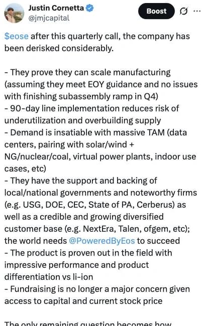 Excerpt of Justin Cornetta’s X post about EOSE